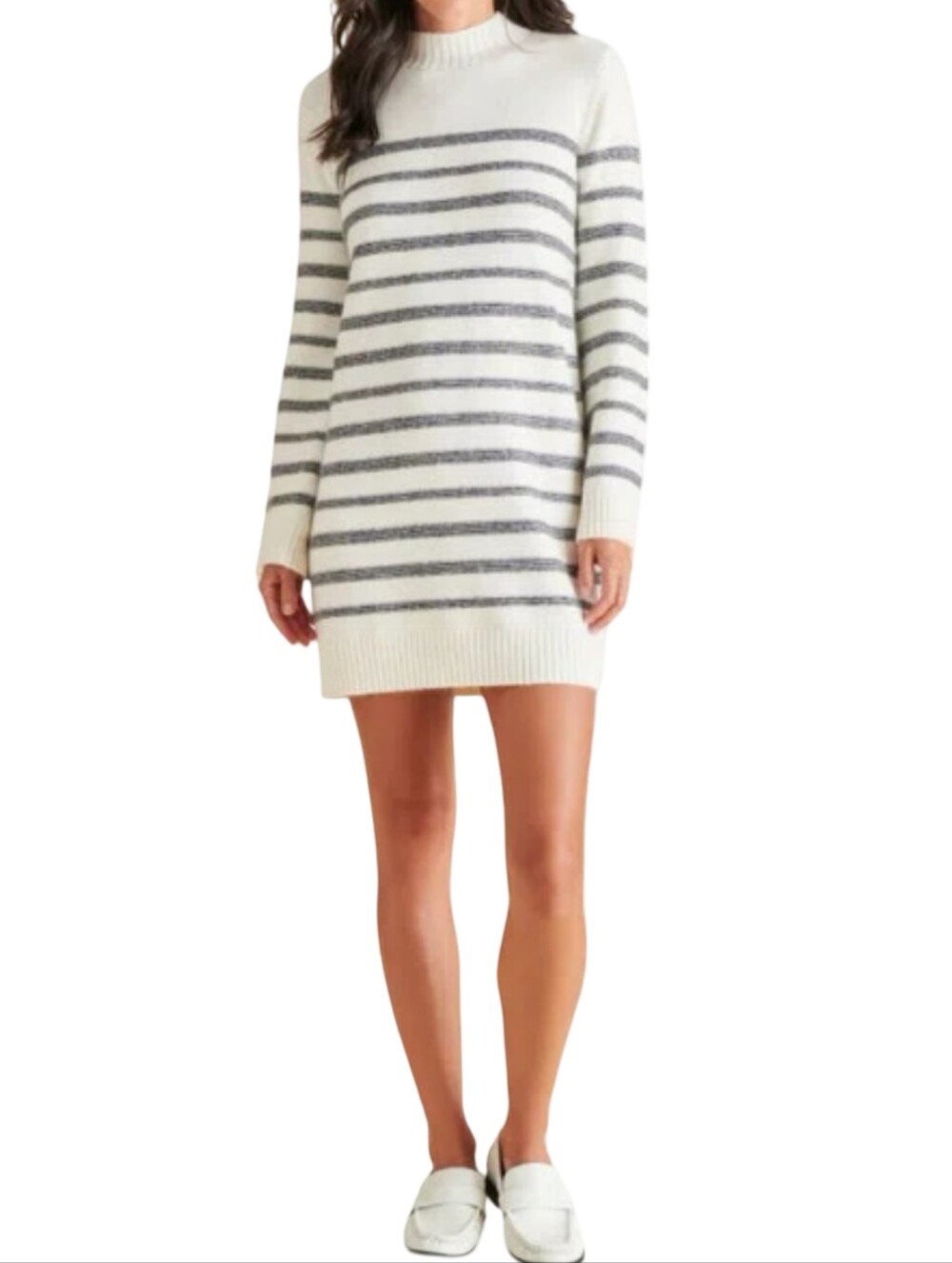 STEVE MADDEN Kallie Striped Mock Neck Mini Sweater Dress Cream Grey Small